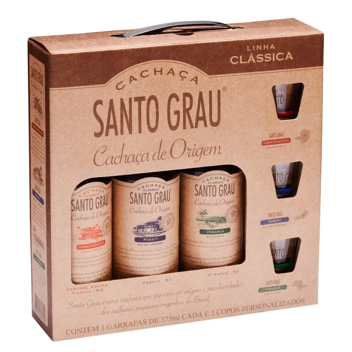 KIT CACHACA SANTO GRAU 3 X 375ML C/ 3 COPO